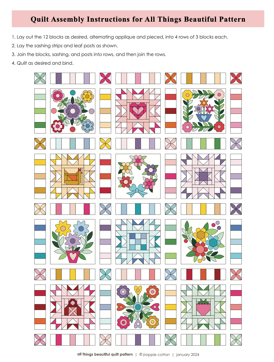 All Things Beautiful Pattern Quilt Assembly Sheet - Free Download