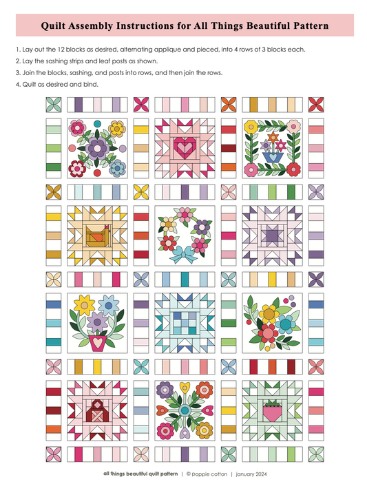 All Things Beautiful Pattern Quilt Assembly Sheet - Free Download