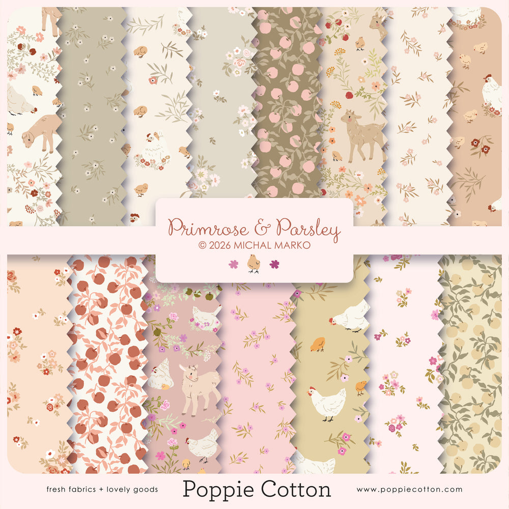Primrose and Parsley collection artwork showing coordinated florals, apples, chickens, and goats by Michal Marko for Poppie Cotton